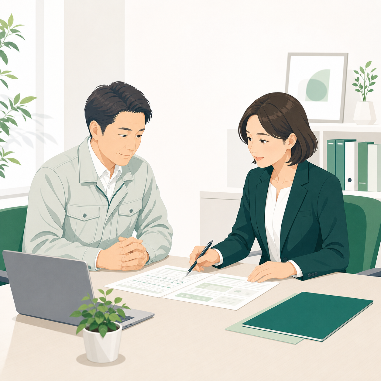 経営者と社会保険労務士が、労務資料を見ながら相談しているイラスト